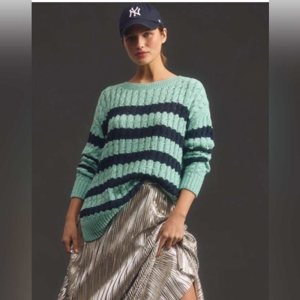 NWT Anthropologie Pilcro Longline Stitch Navy Stripe Spring Sweater Sz L